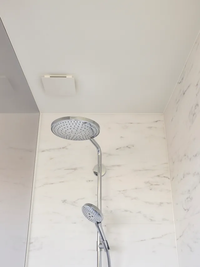 Douchehoek met marmeren wand en dubbele douchekop