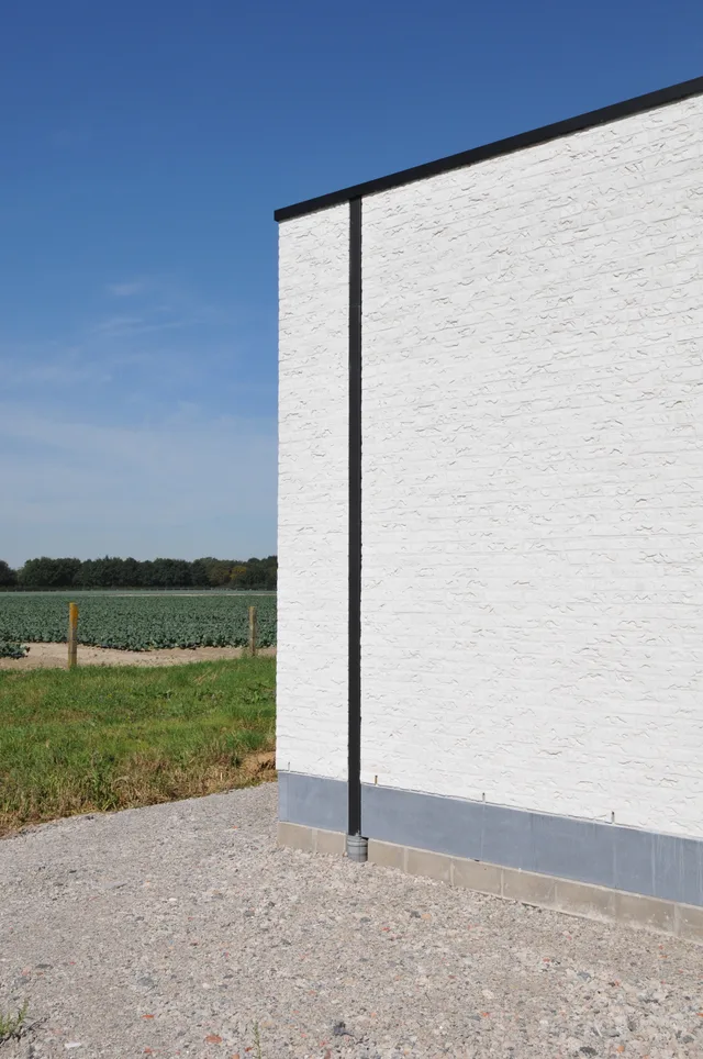 Hoekdetail van witte gevel met textuurpatroon en zwarte stalen kolom, uitzicht op landelijk perceel