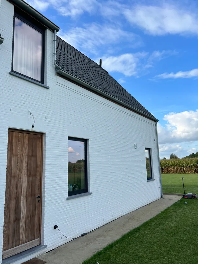 Moderne woning met witte gevel en houten voordeur, zijgevel met grote raampartijen