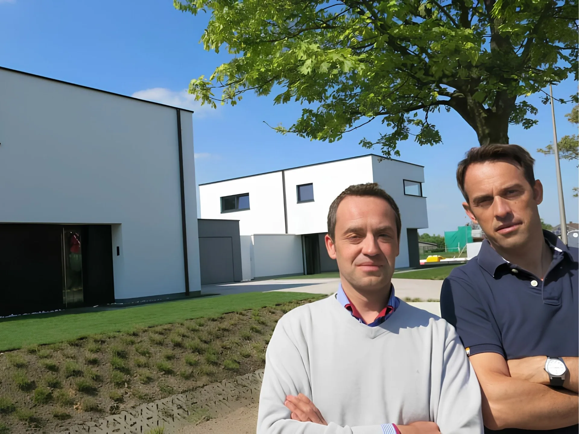 Gerdy en Filip voor de modelwoningen in de Zonnelaan in Zulte