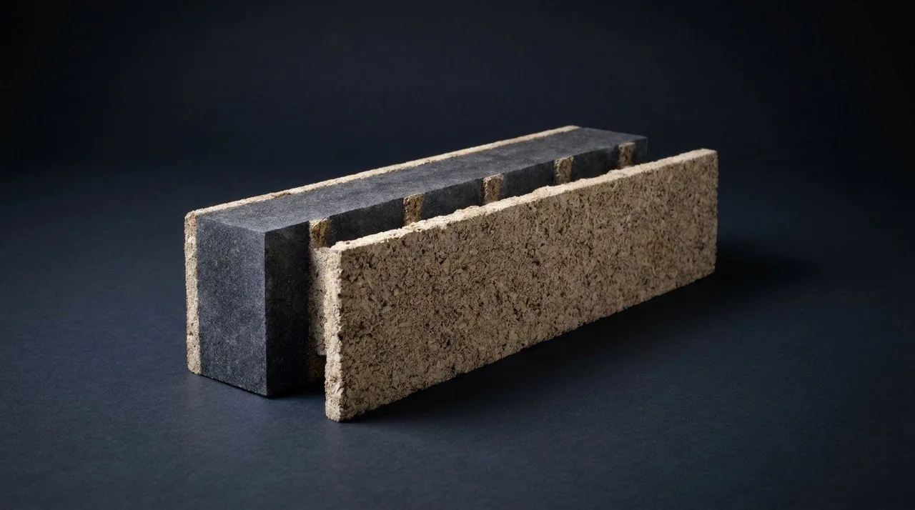 Doorsnede van een betonblok met isolatie en steenwerk
